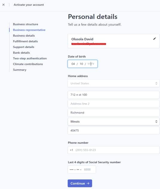 Your stripe account personal details