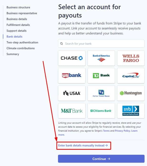 entering your bank details for stripe payout