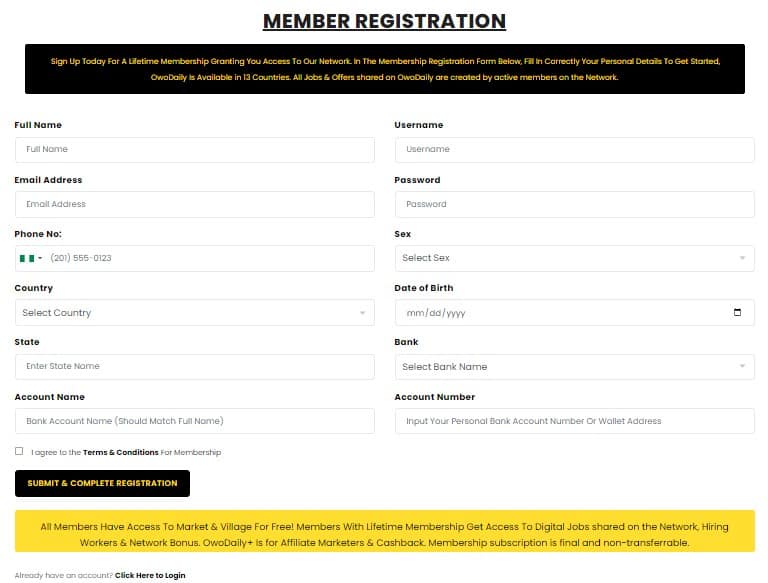 Owodaily member registration page