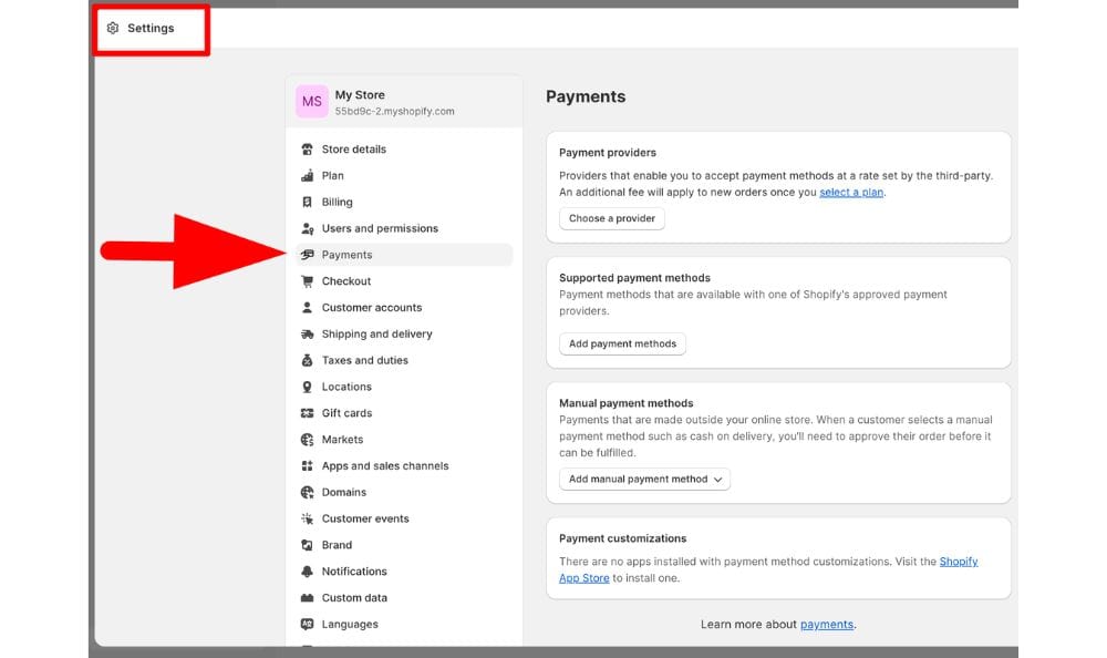 Shopify payment setting 
