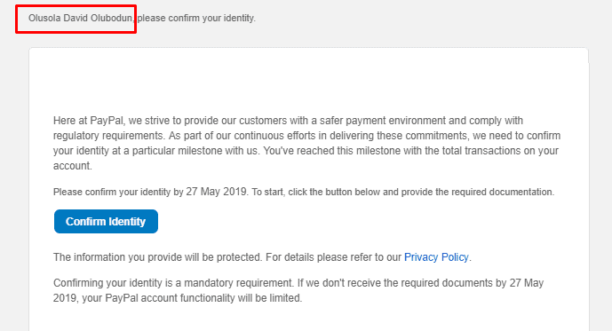 PayPal confirm identity