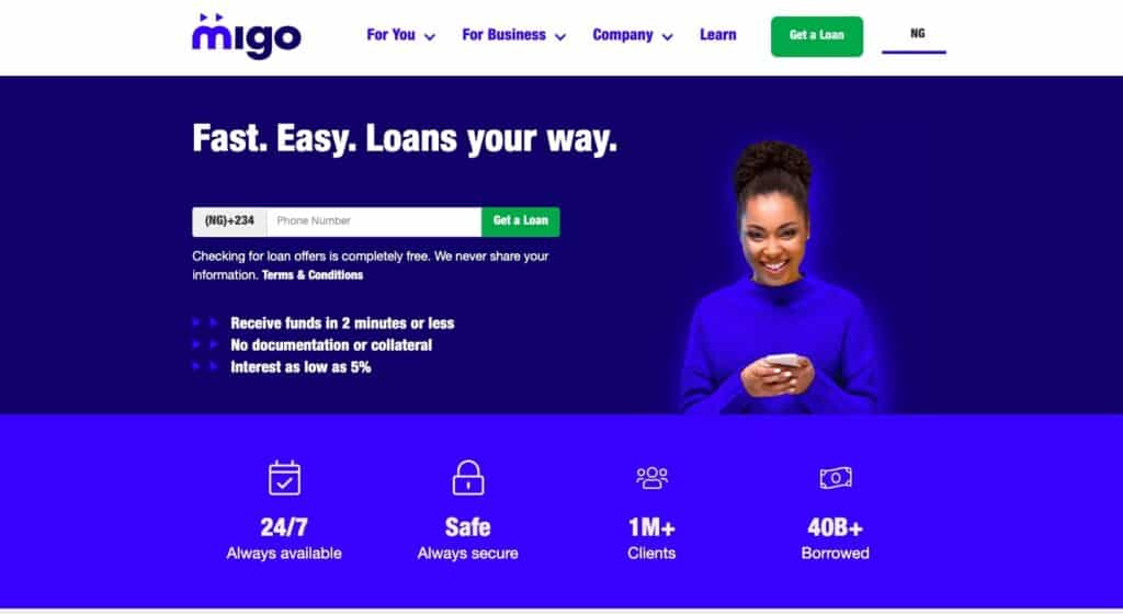 Migo loan homepage